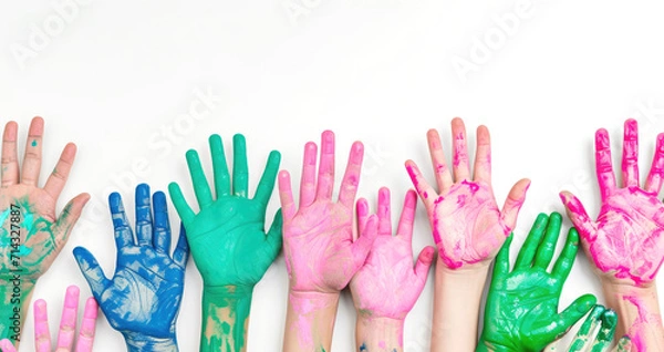 Obraz Multiple children's hands covered in colorful paints, raised high to show support and raise awareness for Rare Disease Day..