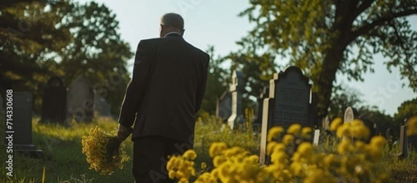 Fototapeta A man in formal attire bringing yellow flowers to a cemetery.