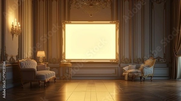 Fototapeta A majestic living room with an empty canvas frame, illuminated by the soft glow of a chandelier
