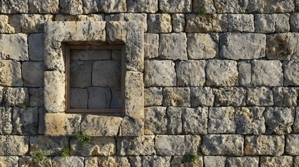 Fototapeta  a stone wall that has a window in the middle of it and a plant growing out of the window sill in the middle of the middle of the wall.