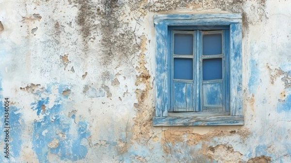 Fototapeta  an old building with a blue window and peeling paint on the side of the building and a cat sitting on the window sill in front of the window sill.