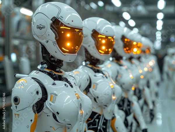 Fototapeta A Row of Robot Suits With Yellow Eyes. A lineup of mechanical exoskeletons complete with yellow glowing eyes.