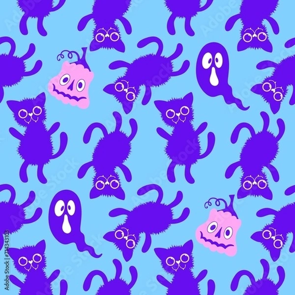Fototapeta Halloween cats seamless cartoon animals pattern for wrapping paper and fabrics and linens and kids