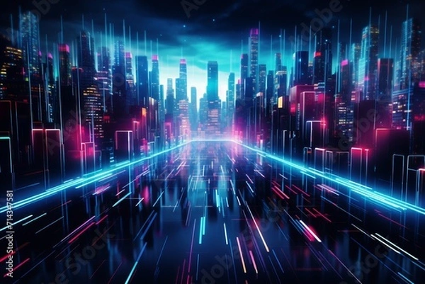Fototapeta Vibrant neon lights with abstract patterns in a cityscape under bright city illumination
