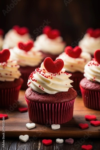 Fototapeta Red Velvet Cupcakes with Heart Toppings - Rich Frosting on Dark Background, Valentine's Day Concept