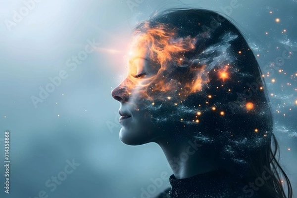 Fototapeta A silhouette of a woman's profile filled with a cosmic galaxy