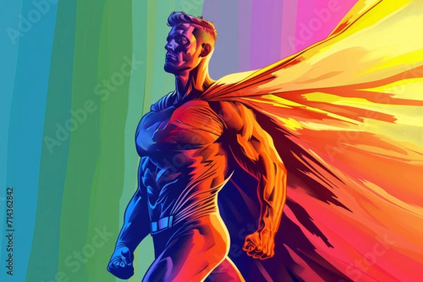 Fototapeta Superhero proudly stands with the LGBTQ flag, serving as a guardian and protector of the LGBTQ community. 