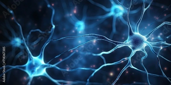 Fototapeta Illustration of neuron cells with glowing link knots. Human brain, science and neurology concept.