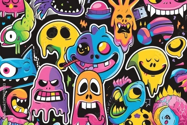 Obraz A lively mix of colorful cartoon characters come to life through a whimsical blend of drawing, illustration, and graphic design, enhanced by elements of art, painting, and graffiti, all wrapped up in