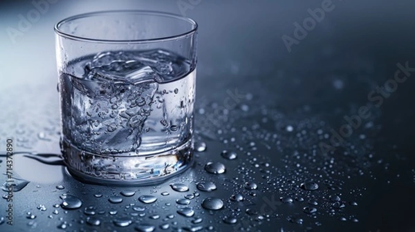Fototapeta  a glass of water sitting on top of a table covered in drops of water next to a glass of water on top of a counter top of a counter top of a table.