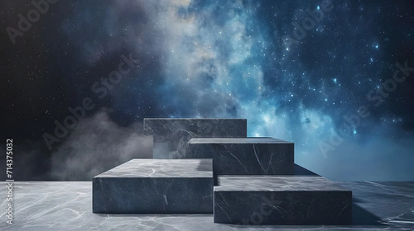 Obraz Stone podium backdrop for product display with abstract galaxy night scene. 3d rendering.