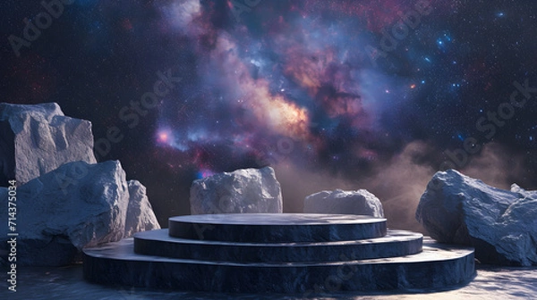 Obraz Stone podium backdrop for product display with abstract galaxy night scene. 3d rendering.