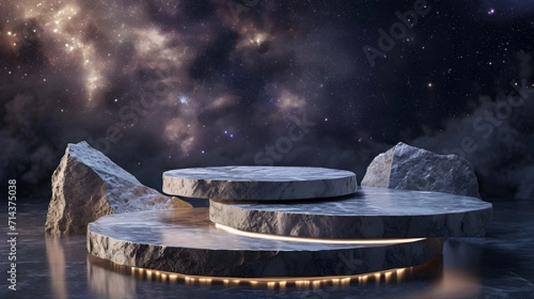 Obraz Stone podium backdrop for product display with abstract galaxy night scene. 3d rendering.