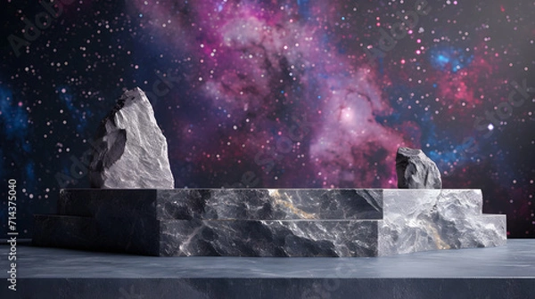 Obraz Stone podium backdrop for product display with abstract galaxy night scene. 3d rendering.
