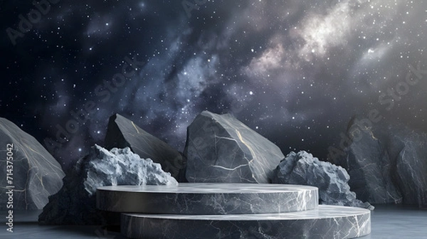 Obraz Stone podium backdrop for product display with abstract galaxy night scene. 3d rendering.