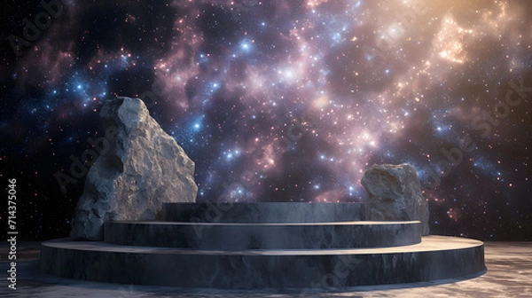 Obraz Stone podium backdrop for product display with abstract galaxy night scene. 3d rendering.