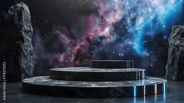 Obraz Stone podium backdrop for product display with abstract galaxy night scene. 3d rendering.