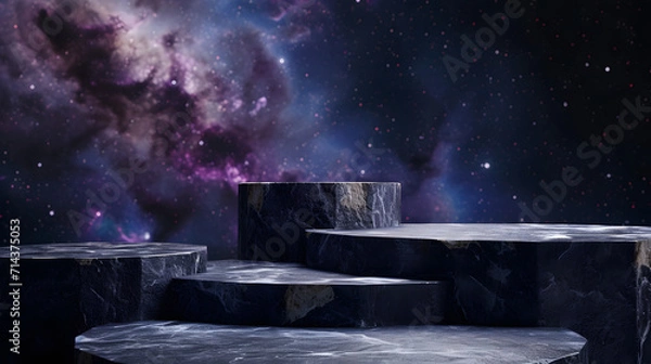 Obraz Stone podium backdrop for product display with abstract galaxy night scene. 3d rendering.