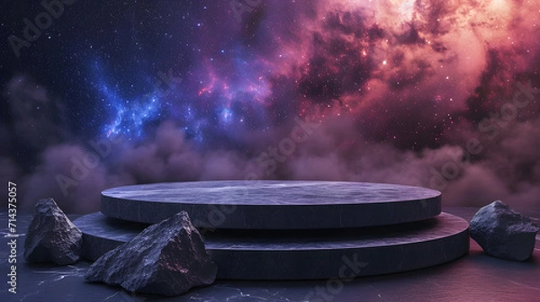 Obraz Stone podium backdrop for product display with abstract galaxy night scene. 3d rendering.