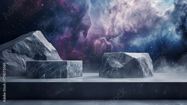 Obraz Stone podium backdrop for product display with abstract galaxy night scene. 3d rendering.