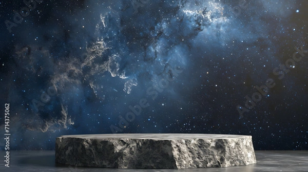 Obraz Stone podium backdrop for product display with abstract galaxy night scene. 3d rendering.