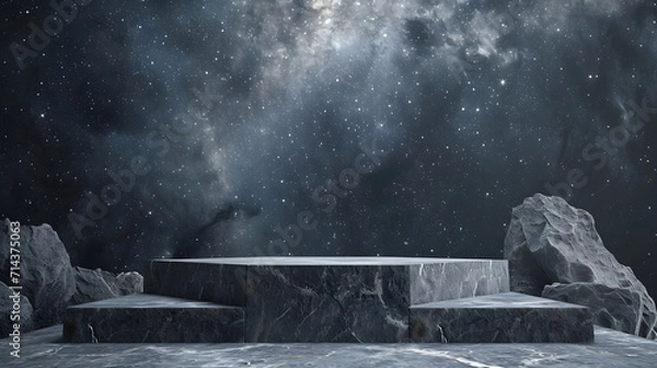 Obraz Stone podium backdrop for product display with abstract galaxy night scene. 3d rendering.
