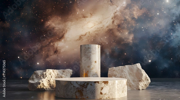 Obraz Stone podium backdrop for product display with abstract galaxy night scene. 3d rendering.
