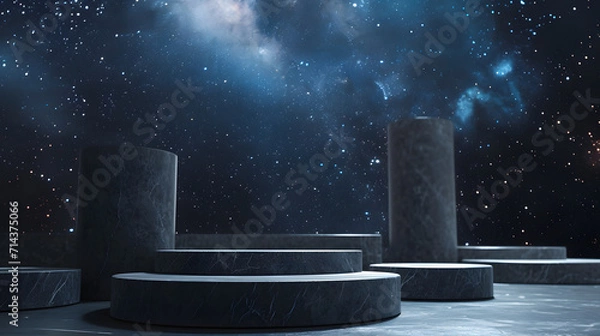 Obraz Stone podium backdrop for product display with abstract galaxy night scene. 3d rendering.
