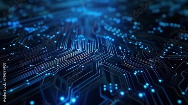 Fototapeta Futuristic digital circuit board technology. lLne color of blue. Dark background.