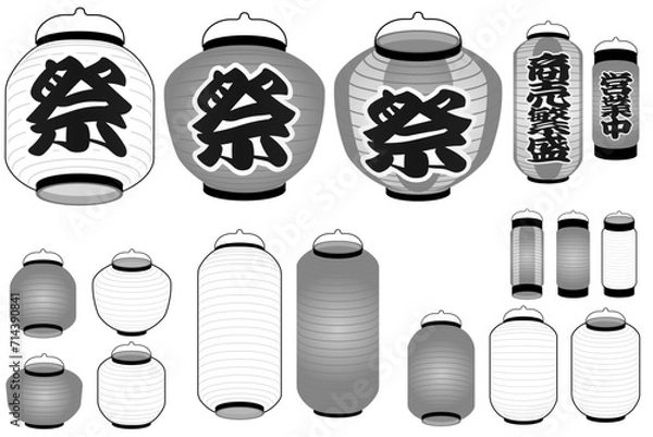 Obraz 祭提灯 白黒、俯瞰と見上げ視点のベクターイラストバリエーションセット