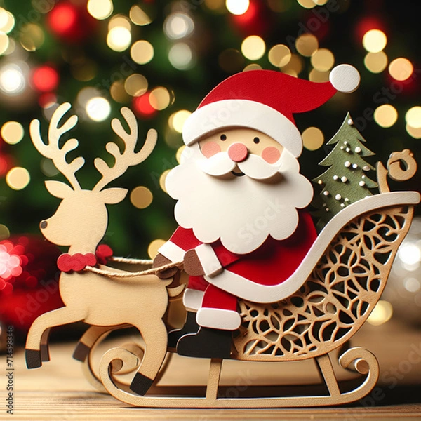Fototapeta Modern Santa Claus Flying in a Colorful Red Sleigh with Reindeer 3D Papercut Paper Craft Art Cutout Design with Bokeh Red, Gold, & White Snow Filled Christmas Tree Lights Background. Winter Landscape.