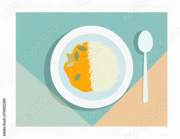 Obraz 上から見た白い皿に乗ったカレーライスとスプーンのイラスト