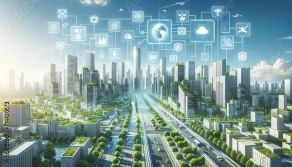 Fototapeta Smart city with green by AI generate.