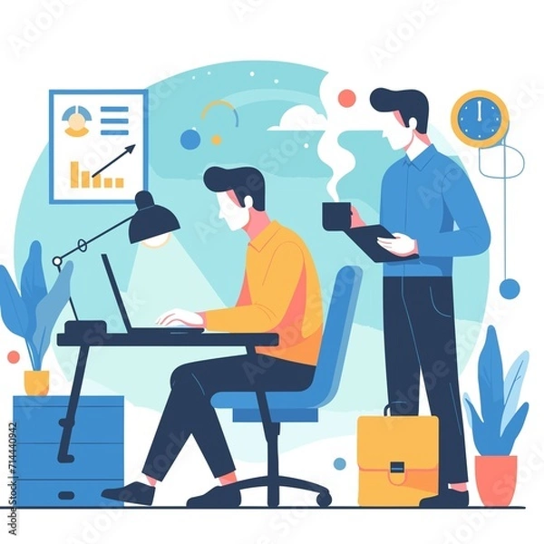 Fototapeta A flat vector illustration of a man working on his laptop in an office setting, with a colleague or boss holding a coffee cup standing behind him