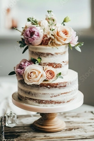Fototapeta Beautiful rustic wedding cake, natural background with copy space.