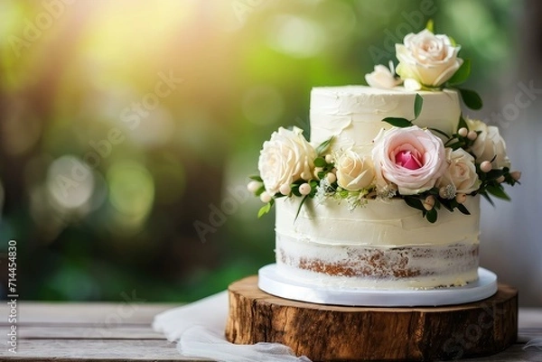 Fototapeta Beautiful rustic wedding cake with copy space.