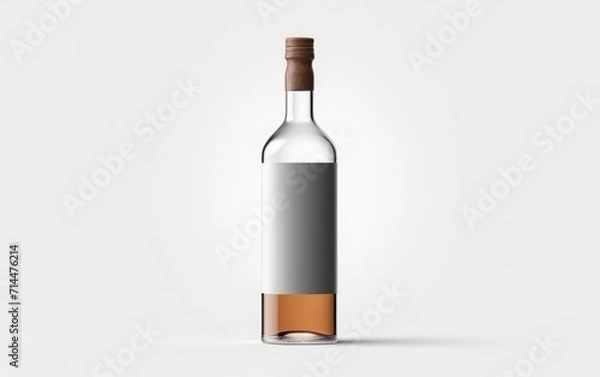 Fototapeta Displaying a bottle with a conceptual design mockup, the flat front view on a white background adds simplicity and depth in a 3D format.