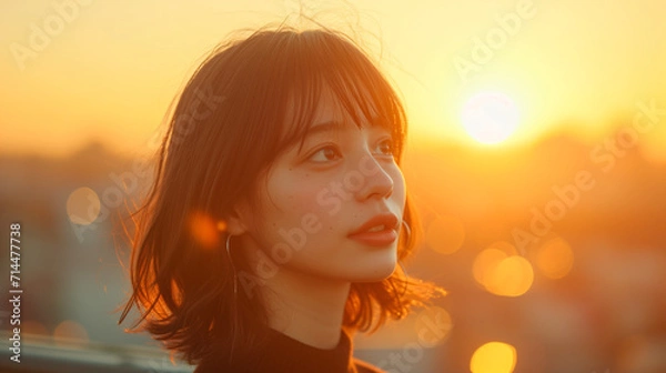 Obraz オフィスの窓から街を眺める女性 AI画像
