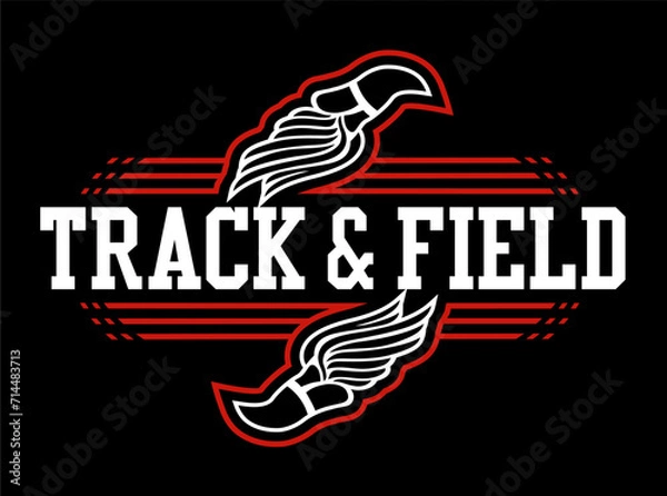 Fototapeta track and field design with winged foot for school, college or league sports