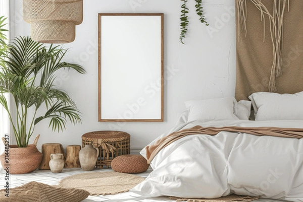 Fototapeta Mock up frame in bedroom interior backdrop, white room with natural wooden furnishings, Scandi Boho style with plants