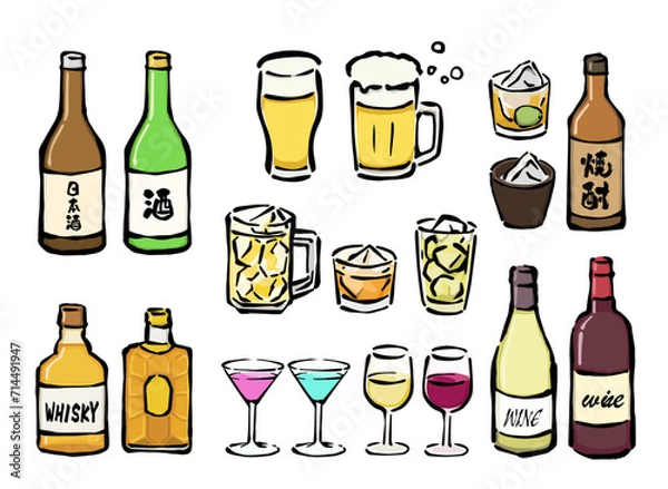 Obraz ドリンク・飲み放題・宴会飲み物・お酒のイラストセット