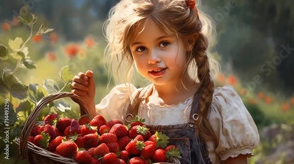 Obraz little girl picking strawberries,generate ai