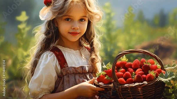 Obraz little girl picking strawberries,generate ai