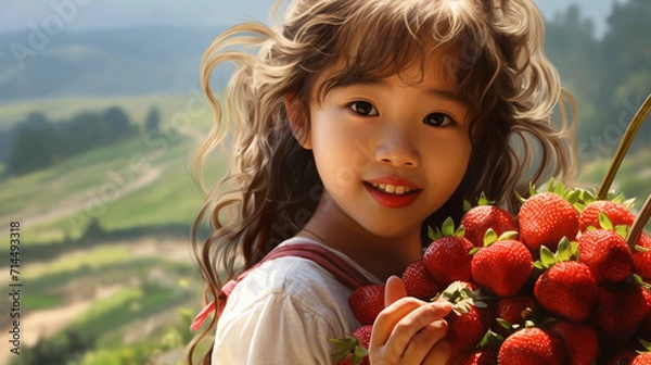 Obraz little girl picking strawberries,generate ai