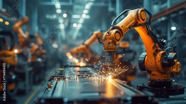 Fototapeta automation robot arms machine in intelligent factory industrial on real time monitoring system software. Welding robotics and digital manufacturing operations.