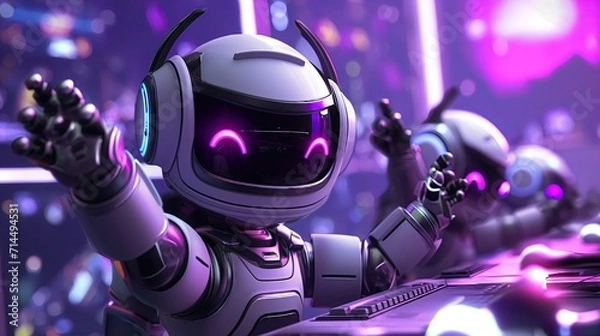 Fototapeta Happy robots' artificial intelligence gamer celebrating after winning online competitive multiplayer tourney. Cheerful robots artificial intelligence playing videogames with internet teammates, feelin