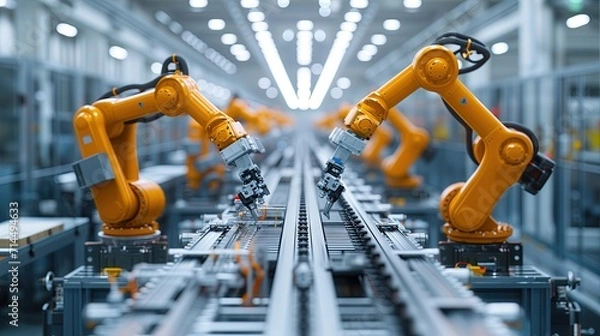 Fototapeta Mechanized industry robot and robotic arms for assembly in factory production. Concept of artificial intelligence for industrial revolution and automation manufacturing process.