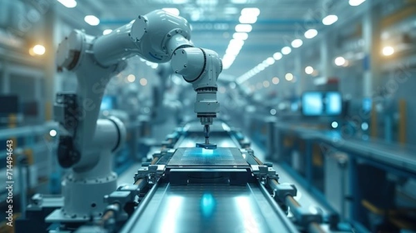 Fototapeta Mechanized industry robot and robotic arms for assembly in factory production. Concept of artificial intelligence for industrial revolution and automation manufacturing process.