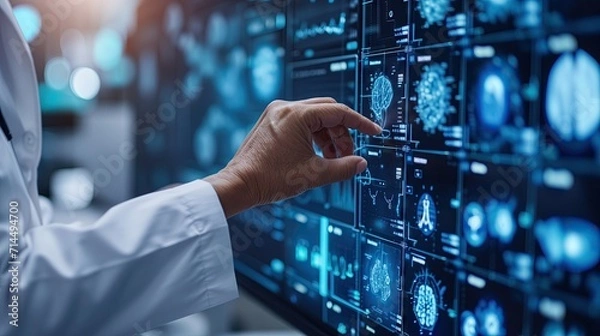 Fototapeta Modern technology in healthcare, medical diagnosis. Online medicine infographic concept. Artificial intelligence help integrate and analysis data about health patients.