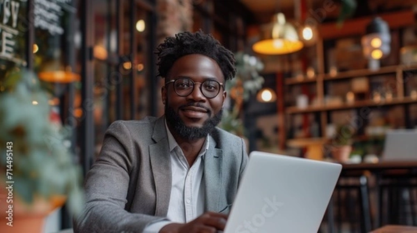 Fototapeta Successful Black Businessman Working on Laptop Computer in His Big City Office.